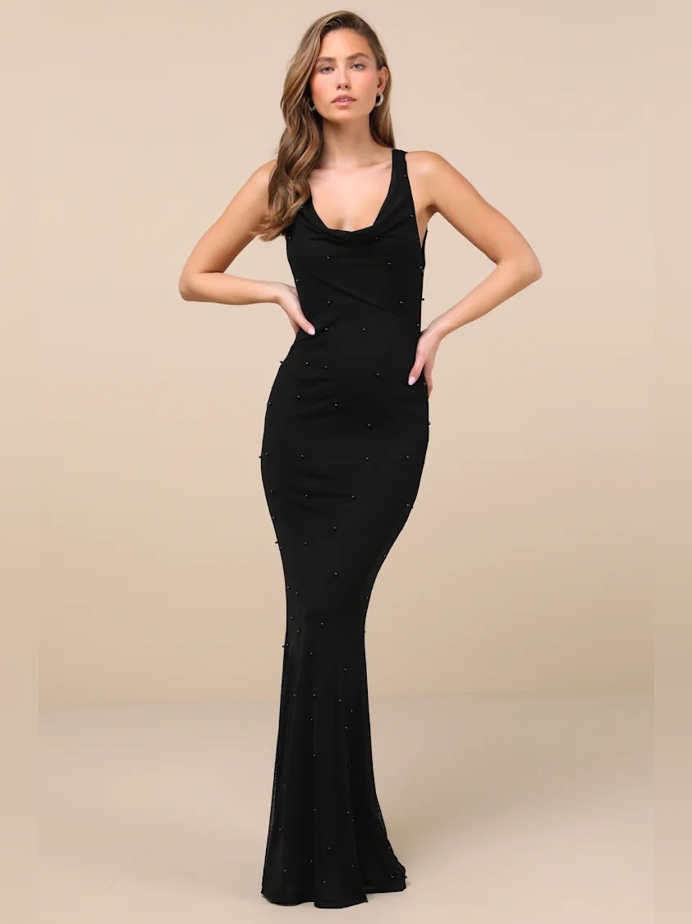 Lulus Perfect Brilliance Black Mesh Beaded Mermaid Maxi Dress Size XS NWT Formal